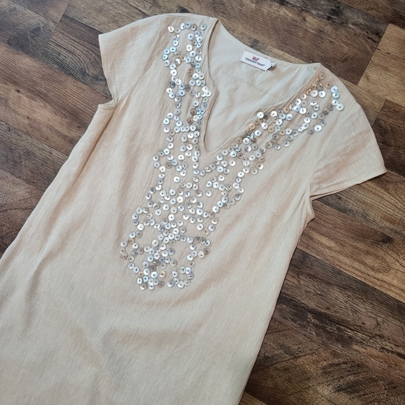 Vineyard Vines Women's Linen Cotten Blend Shell Beaded Cream Tunic Dress Size 2 - Picture 3 of 11